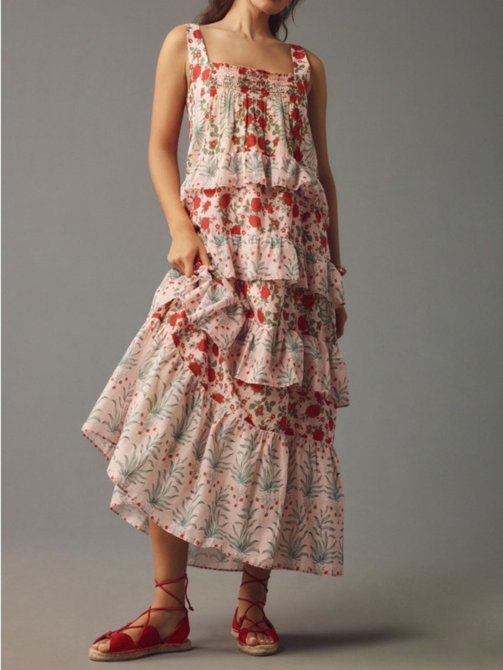 Anthropologie Sleeveless Square Neck Red Floral Ruffled Bohemian Maxi Dress S - Picture 2 of 10